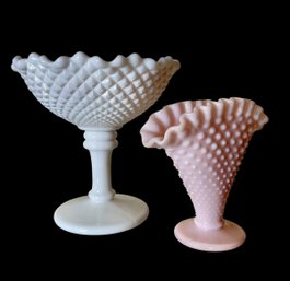 Lot Of Westmoreland Hobnail Milk Glass Compote And Fenton Hobnail Milk Glass Vase