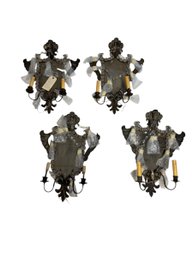 4 Matching 19th Century Venetian Mirrored & Crystal Sconces Tole, Antique Gold Paint