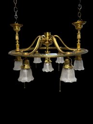 7 Light Brash Flush Mount Fixture C 1905 W Original Hubbel Sockets Prismatic Glass