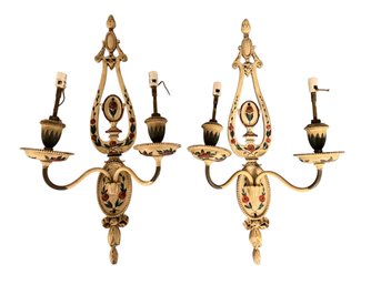 Pair Of Signed E F Caldwell Sconces With Tole Painting