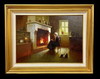 Large Framed Oil Painting By Alexander Popoff Titled Hearth And Home