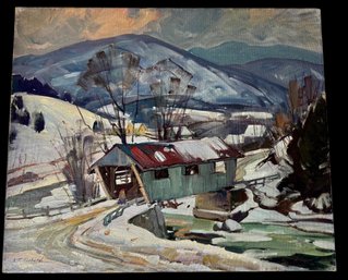 Original Aldro Hibbard Painting Jackson NH Covered Bridge In Winter 20' X 24' O/c