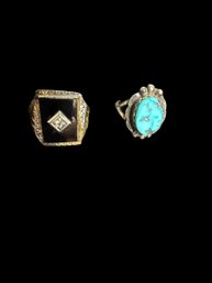2 Sterling Rings Turquoise Navaho Signed Scott Dave  Onyx  & White Stone