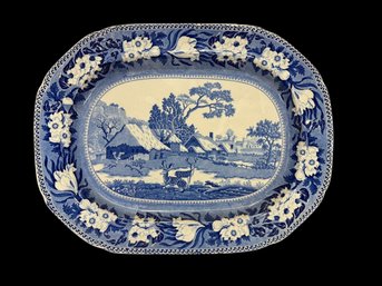 Huge 21' X 16'  Antique Blue Transfer-ware Rogers Ironstone Platter With Deer By Village