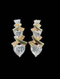 Sparkly 14K Gold And Heart Shape CZ Drop Earrings 6.5 Grams