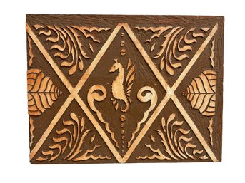 Vintage Cut Linoleum Printing Block Of Seahorse And Seashell Design Milton Bradley Stamp