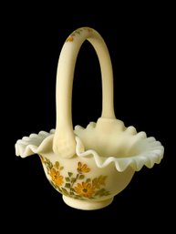 Custard Satin Fenton Glass Basket Hand Painted