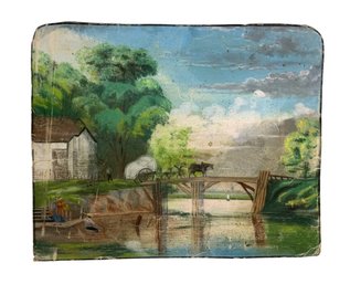 Antique 1860 Pastel On Sandpaper Boston Landscape With Bridge Horse And Carriage By Abraham Merrill