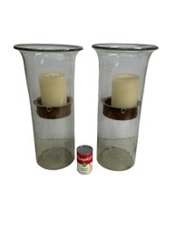 Monumental Pair Of Handblown Glass  And Steel Candle Holders 19 Inches Tall