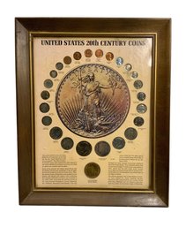 Framed Antique Coins Morgan Silver Dollar Barber Half Dime Nickel Moon Landing Medal Etc