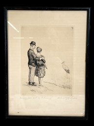 German Etching Just Get An Apartment Couple Looking At Stork