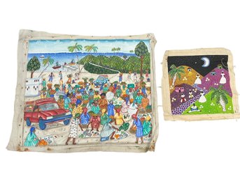 Two Vintage Haitian Colorful Oil On Canvas Paintings Unstretched Market Scene And Night Scene