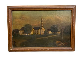 Antique 1862 Folk Art Oil On Canvas Of A New England Church Probably Hadley MA Common Signed H A Stickney