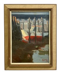 William Mitchell Oil On Canvas Of Fishing Boat At  Low Tide Vintage Gloucester MA Painting