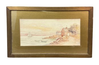 Antique Eben H Snow Watercolor Of New England Harbor Scene Signed