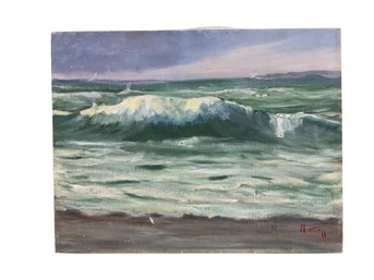 William Mitchell Gloucester MA Artist Vintage Oil On Canvas Of Crashing Surf