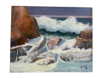 William Mitchell Gloucester MA Artist Vintage Oil On Canvas Of Crashing Surf