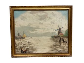 Oliver Albertson Oil On Canvas Of Dutch Scene With Windmills And Boats