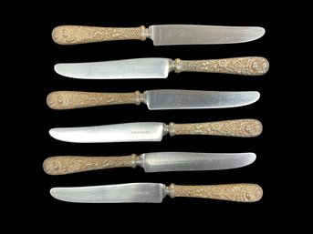 Set Of Six Antique Sterling Handle Kirk And Sons Dinner Knives Floral Pattern Appro 3 Ozt Troy Oz