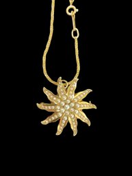 Vintage Starfish Design 14K Yellow Gold And Seed Pearl Brooch Pendant And Braid Chain Necklace
