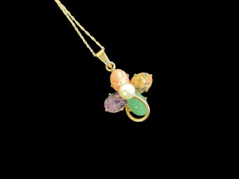 Dainty 14K Yellow Gold Necklace With  Gold Filled Hard Stone And Pearl  Scarab Pendant