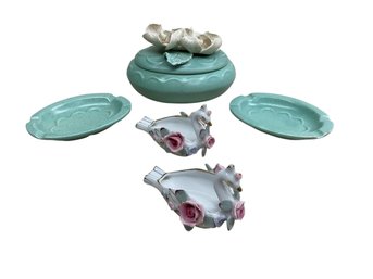 Mid Century Modern Pottery Enchanto Smoking Set And Made In Japan Swan Ashtrays