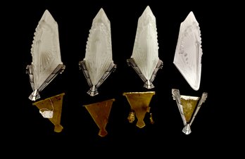 4 1920s Art Deco Signed Schneider France #406 Slip Shade Sconces