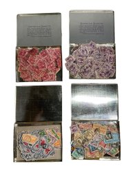 Four 1930s Chesterfield Cigarette Tins With US Postage Stamps Collection 2 3 Cents Assorted Airmail Etc