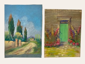 Pair Of Antique Pastels Unknown Artist Rural Scenes