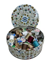 Vintage Cookie Tin Filled With Antique And Vintage Thread Spools