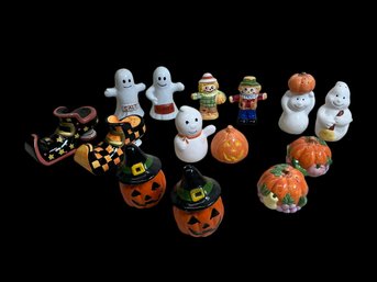 Seven Pairs Of Vintage Porcelain Halloween Theme Salt And Pepper Shakers Ghosts Pumpkins Scarecrows Etc