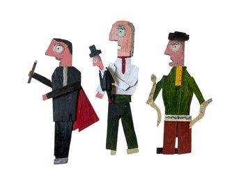 Three Outsider Art Wood Sculptures By Tim Hitchcock Snake Handler Ventriloquist And Magician Signed
