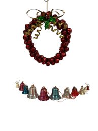 Vintage Christmas Metal Bell Wreath And Bell Ornaments
