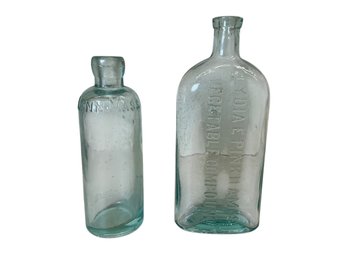 Two Antique Aqua Color Glass Bottles Lynn Mass And Lydia Pinkham Vegetable Compound