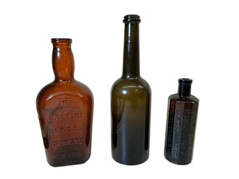 Three Antique Glass Bottles Wynand Fockink Amsterdam A L Murdock Liquid Food And Maltine Amber And Olive