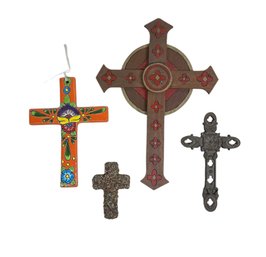 Vintage Collection Of Crosses Mexican Porcelain Handmade Carved Wood Etc.