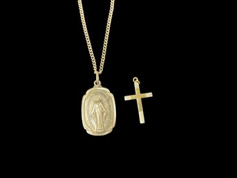 Vintage Sterling Catholic Necklace With Mary And Saint Christopher Pendant And 10K Gold Cross Pendant