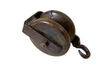Vintage Nautical Hand Wrought Iron And Wood Pulley