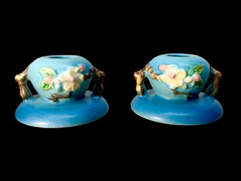 Pair Of Roseville Pottery Apple Blossom Bud Vases