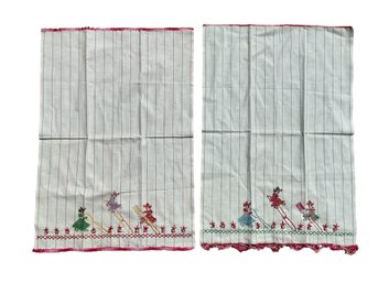 Two Vintage 1950s Hand Embroidered Kitchen Glass Towels With Kitchen Witches Design Jerglo No 339