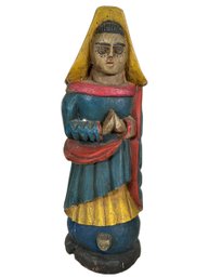 Vintage Brazilian Painted And Carved Wooden Sculpture Of Holy Mother Mary