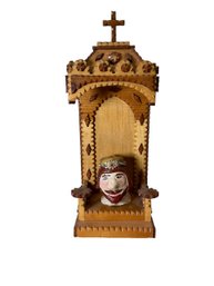 Tramp Art Style Carved Wood Christian Reliquary And Papier Mache Head Of Jesus