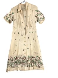 1930s/1940s Cream Dress Green & Brown Pattern
