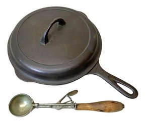 Antique Lot Of Griswold No. 7 Cast Iron Skillet And Lid Plus  Gilchrist Ice Cream Scoop