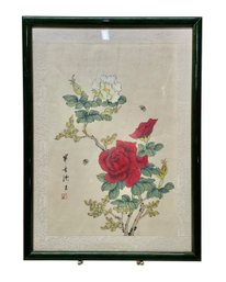 Vintage Framed Chinese Rose Painting On Silk Panel