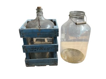 Vintage Spring Water Bottle And Large 19 Inch Tall Glass Pickle Jar