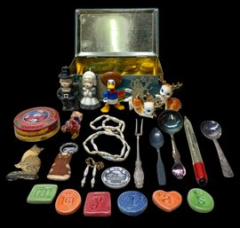Lot Of Vintage Tin Box Full Of Assorted Figurines And Trinkets