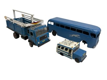 Antique  Keystone Pressed Steel Wind Up Greyhound Bus And Vintage Homemade Tin Truck Toys