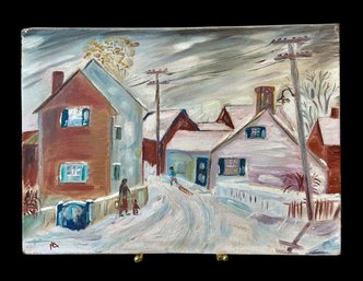 Signed Oil Painting On Board Of Winter Scene In Rockport, MA