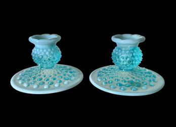 Pair Of Fenton Hobnail Blue Opalescent Candle Holders